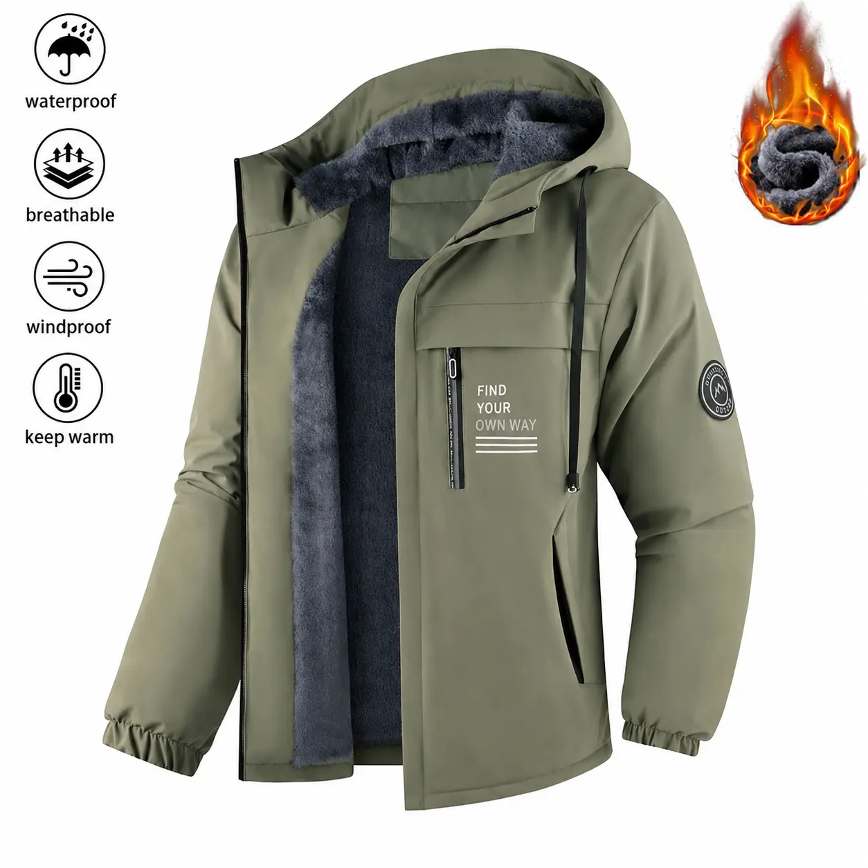 Men's Thick Warm Fleece Lined Hooded Jacket Windproof Waterproof Insulated Casual Sports Coat for Outdoor Activities Cold Weather Machine Washable Western Style Winter Wool Lining