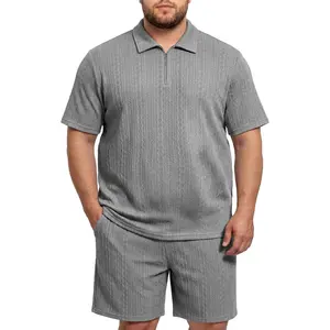 Big and Tall 2 Piece Outfits for Men Polo Shirt and Short Sets Quarter Zip Textured Summer Clothes, 4XL-7XL