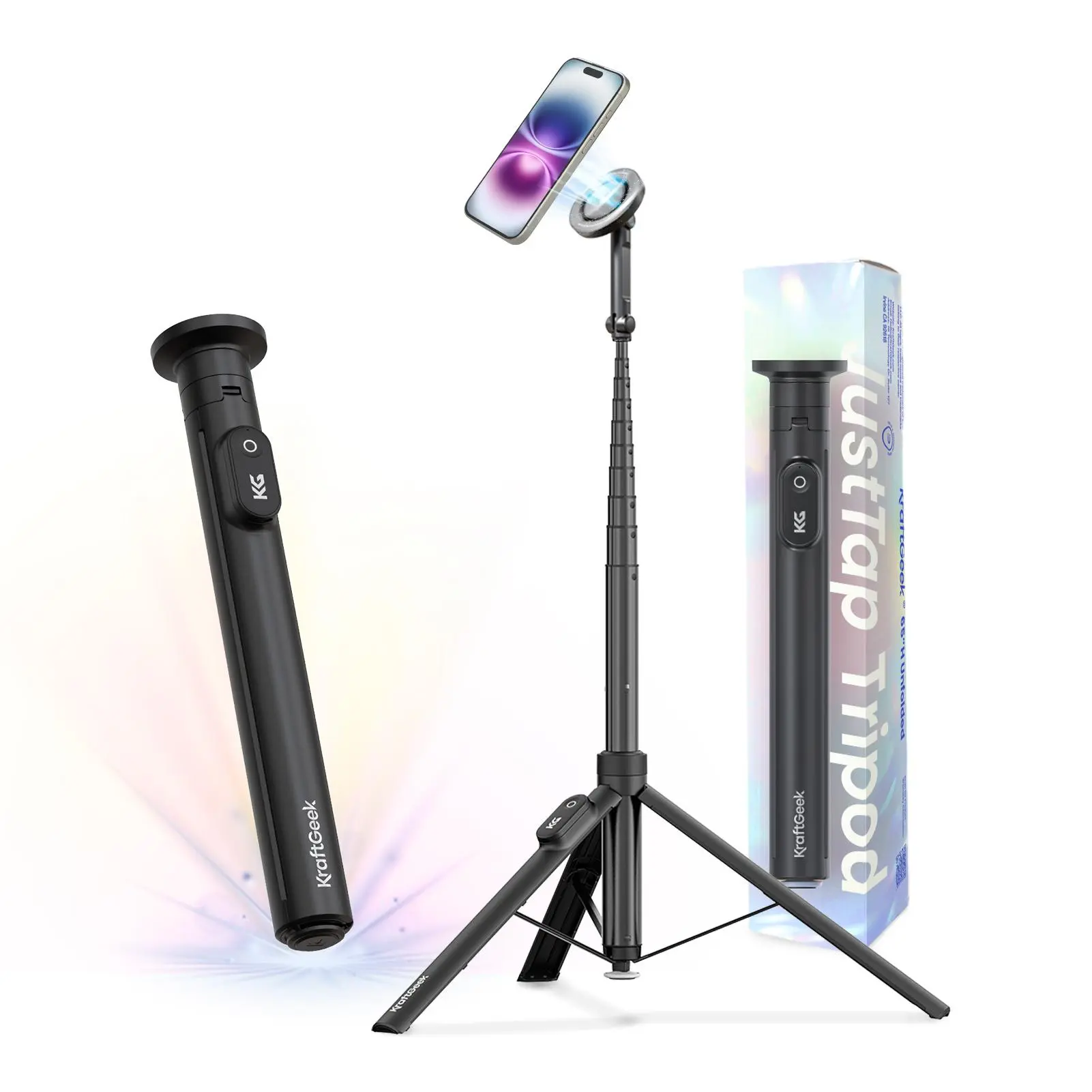 KraftGeek JustTap 66" Auto-Open Tripod – MagSafe Version (Clamp Version in Same Link) with Remote, for iPhone/Android, Vlog/Travel，Black/White/Pink summerwins