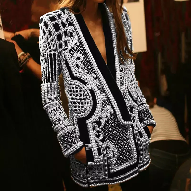 Women's Pearl Adorned Blazer, Chic Black and White Top for a Tasteful Display of Style at Holiday Events, Chic And Tasteful Display Of Style