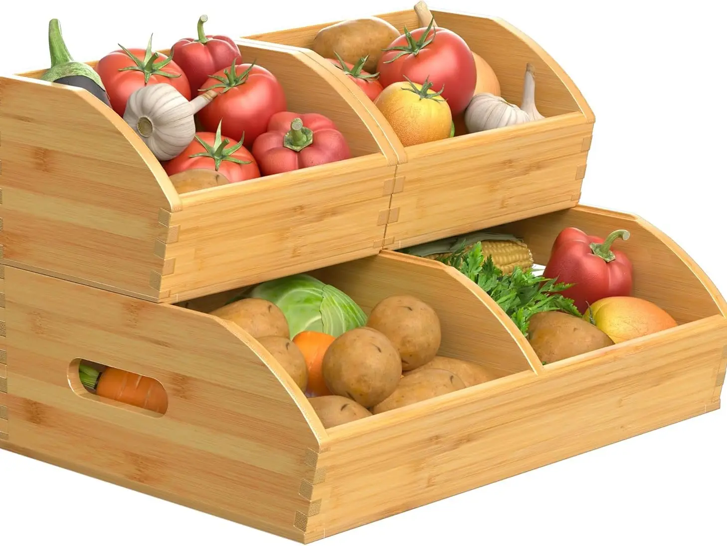 3-Pack Ventilated Bamboo Storage Bins with Handles - Stackable Kitchen Pantry Organizers for Countertop, Multipurpose Containers for Potatoes, Onions, Box