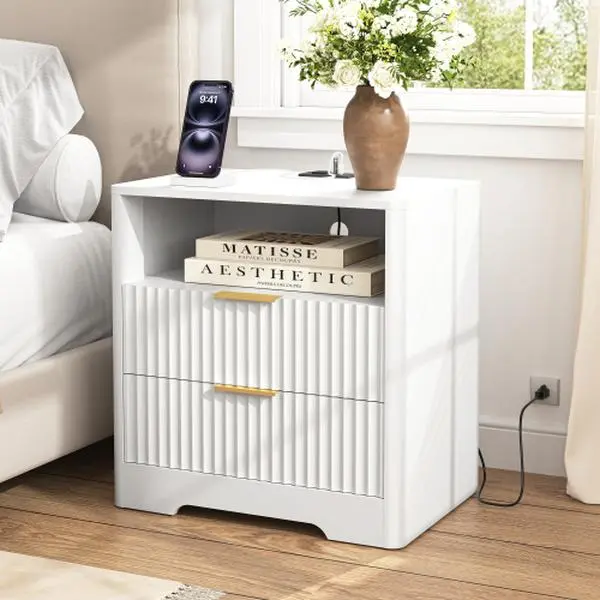 【Bellemave】Nightstand with Charging Station, Smart Nightstand with Night Light,Bedside Tables with Storage Cabinet for Bedroom