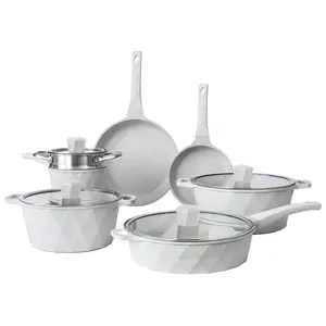 Country Kitchen Non-Stick Cast Aluminum Cookware Set - Durable Kitchen Cookware for Everyday Cooking, Cream Diamond, 11 Pc.