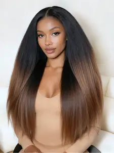 28 Inch Ombre Black to Caramel Brown Yaki Straight Lace Front Wig, Kinky Straight Heat Resistant Synthetic Hair, 13x4 HD Transparent Lace, Free Parting, Pre-Plucked Natural Hairline for Daily & Party Wear