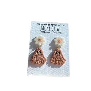 Ghost earrings with glow in the dark flower – polymer clay Halloween earrings – terracotta fall jewelry – handmade spooky cute earrings”