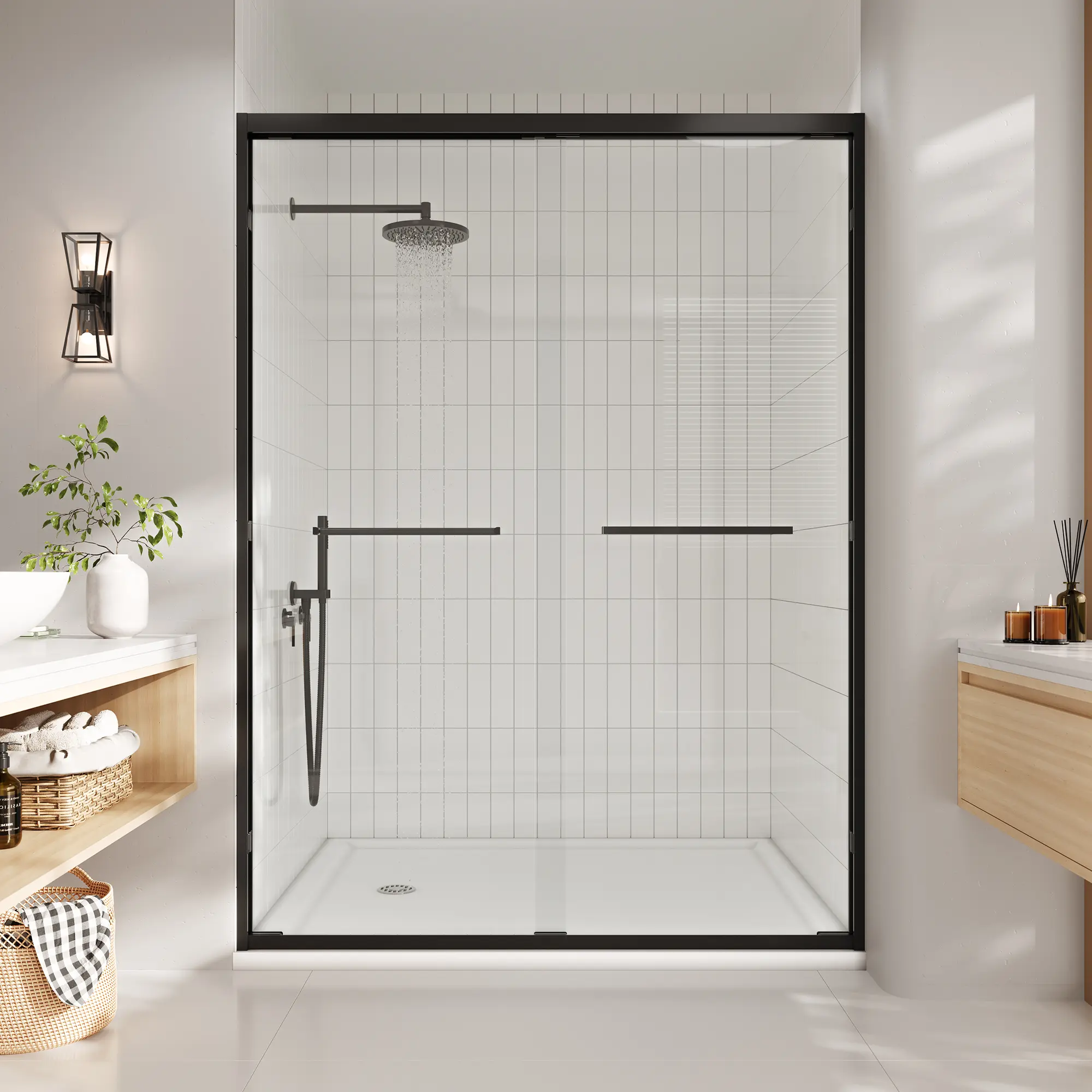 Frameless sliding shower door 56-60 inches wide x 76 inches high -5/16 inches (8mm) transparent SGCC tempered glass, explosion-proof film, slow descent function, ball bearings, rust prevention - modern bathroom,home essentials