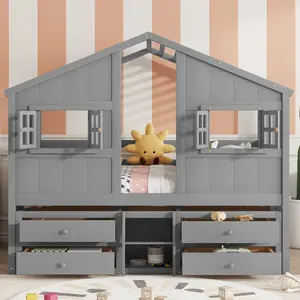 Full Size House Loft Bed with Roof Windows 4 Storage Drawers Pine Wooden Bed Safety Guardrails Ladder Grey Childrens Imaginative Play Area