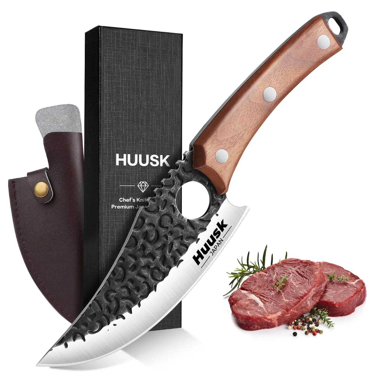 Huusk Viking Knife with Sheath - Hand Forged Butcher Knife for Meat Cutting - High Carbon Steel Meat Cleaver Kitchen Knife - Blade Christmas BlackFriday Gift
