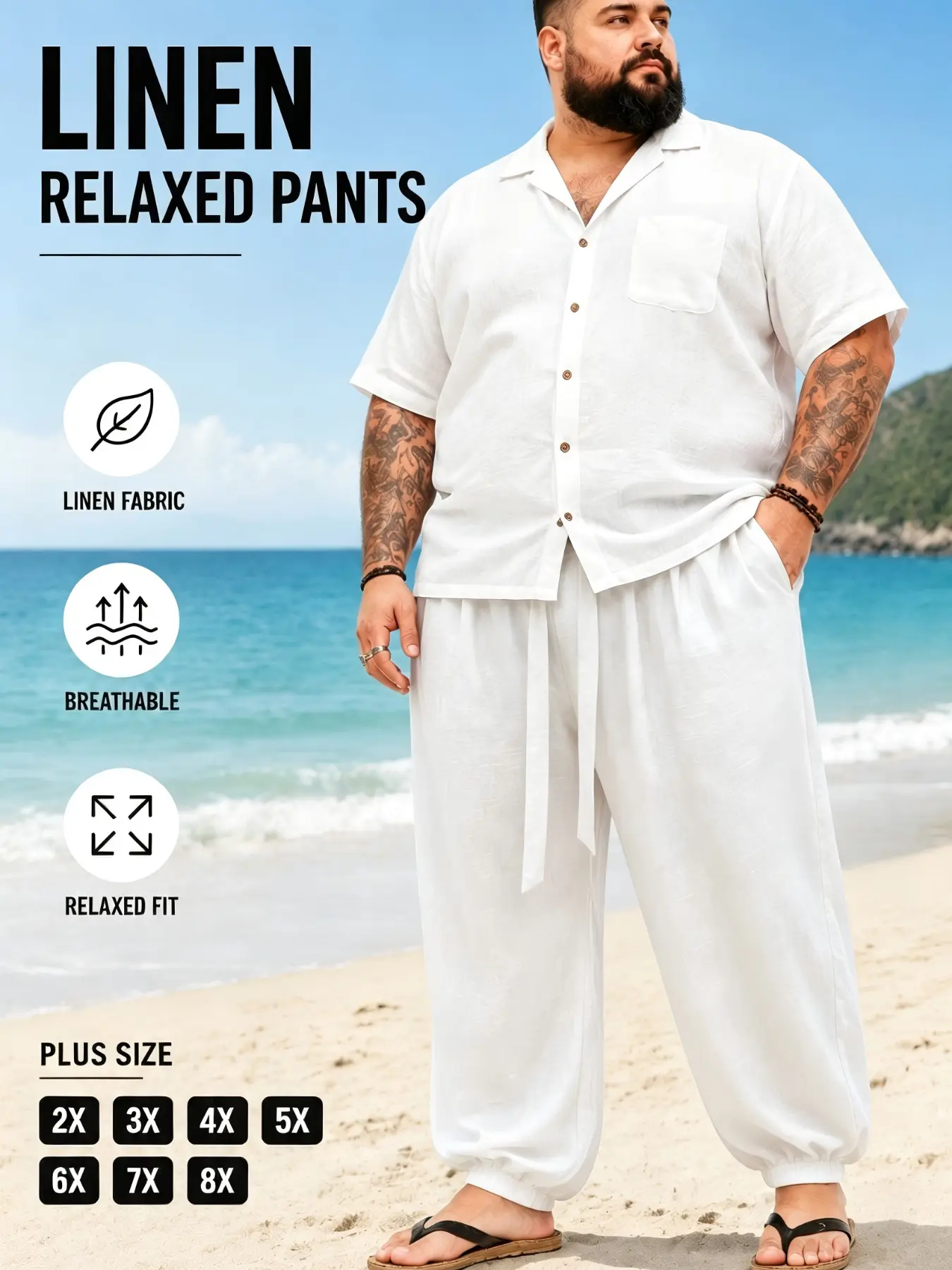 Plus Size Men's Trendy Casual Pants, Casual Comfy Trouser, Casual Solid Drawstring Waist and Pocket Design, Linen Fabric, Suitable for Spring and Fall Daily Wear