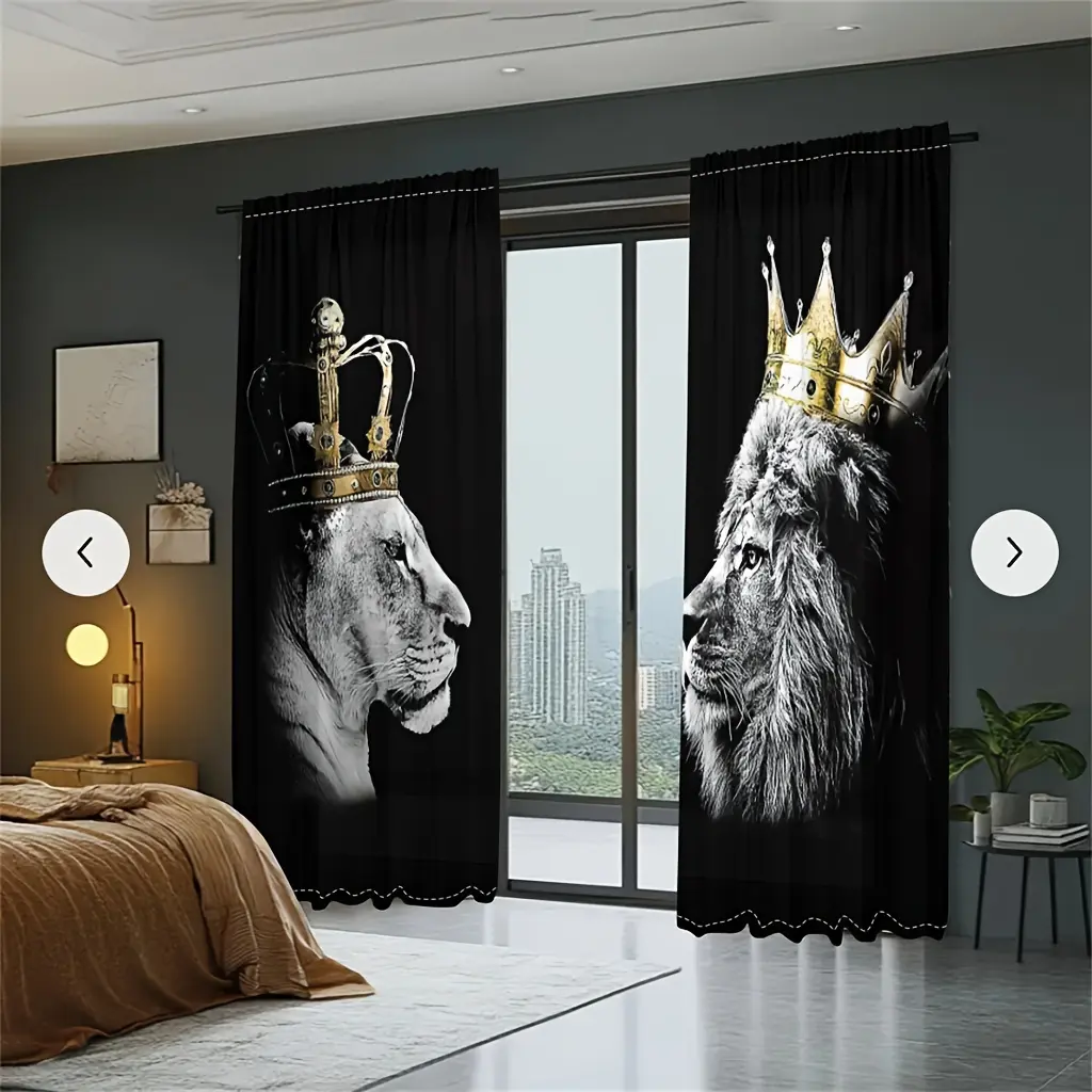 2 pieces, royal lion crown window drapes, Curtain, Window Curtains, Home Decorative Curtain, black and white art European gold crown design, translucent rod pocket design, suitable for living room, bedroom, study and Christmas decoration, Home Textile