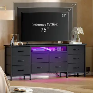Garvee 160 cm Long Bedroom Dresser with 10 Fabric Drawers, White Changing Table with Power Outlet, LED Light Storage Drawers, and Support for 65 to 75 Inch Screens