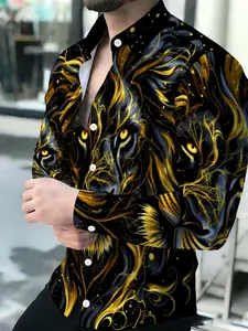 Men's Breathable Lapel Long-Sleeved Black Gold Lion Pattern Cardigan
