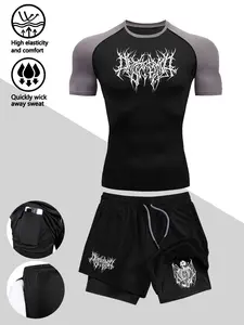 Men's Two-Piece Set, Outdoor Sportswear, with Thorns-Style Text Pattern, Short-Sleeve Top & Double-Layer Shorts, stretchy slim-fit, sweat-wicking, breathable, durable, ideal for sports, fitness, cycling, outdoor activities