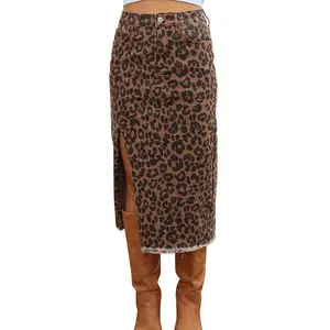 Casual High Waist Denim Midi Skirt for Women Frayed Split Distressed Jean Skirt with Pockets Plus 