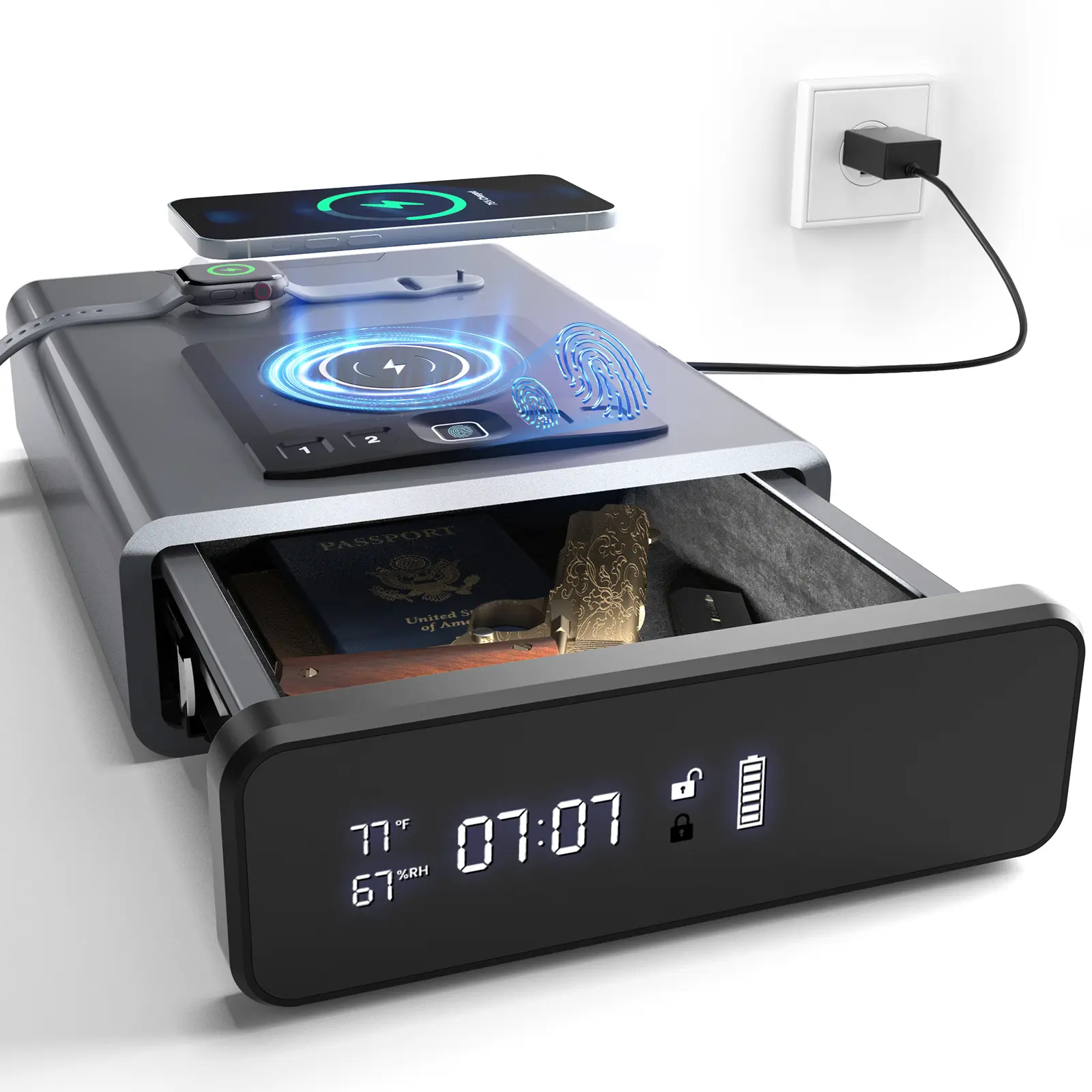 Biometric Discreet Dorm Safe & Gun Safe with LED Clock (DOJ Certified), Back to School College Dorm Essentials, 2-in-1 Phone Wireless Charging, Nightstand Auto Pop-up (0.23 cu.ft.)The best storage and organization for gifts tiktokshopbacktoschool
