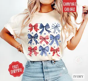 USA Bow Shirt Comfort Colors, America Bow Shirt for July 4th, Memorial Day Shirt, USA Shirt, Election Shirt, Patriotic Bow Shirt