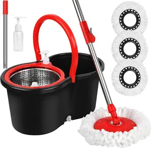 Spin Mop and Bucket Set, 360° Spin Mop and Bucket with Wringer Set and 3 Microfiber Mop Replacement Heads Refills, 61" Stainless Steel Extended Handle Spinning Mop Bucket System for Floor Cleaning