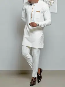 2 pcs/set White Dashiki for Men, Brown Buttons and Chest Pocket, African Menswear, Casual Long Sleeve Shirt and Pants for Weddings, Dates, and Cultural Activities