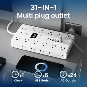 31-IN-1 Multi Plug Outlet with Clock 24 AC Outlets 4 USB-A 2 USB-C Smart Power Strip Overload Protection, Power Outlet - Ideal for Home And Office Desktop Charging