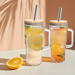 2/4 Set Glass Water Cups with Handle, Bamboo Lids and Stainless Steel Straws, 24oz Coffee Mug Mason Jar Stylish Party Drinking Cute Clear Glass Tumbler for Iced Beverage