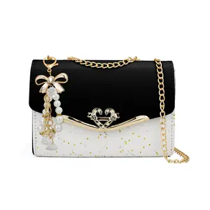 Women's Glitter Sequin Crossbody Bag - Stylish Shoulder Purse with Golden-Tone Chain Strap, Pearl & Bow Accents, Design for Everyday Use