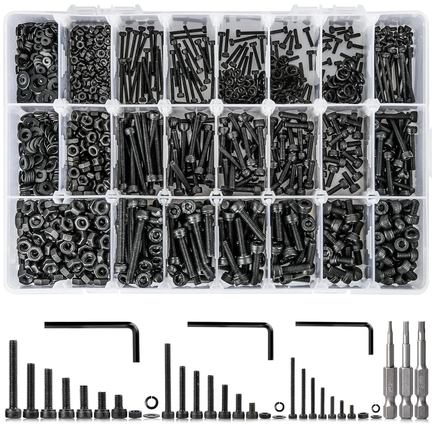 1710Pcs Metric Bolt Assortment M2 M3 M4, 21 Sizes 4MM to 30MM Upgraded Zinc Plated Hex Socket Head Cap Machine Screws, 12.9 Alloy Steel Bolts and Nuts Kit Screws Nuts and Washers, Camping Gear, Cabinet Hardware