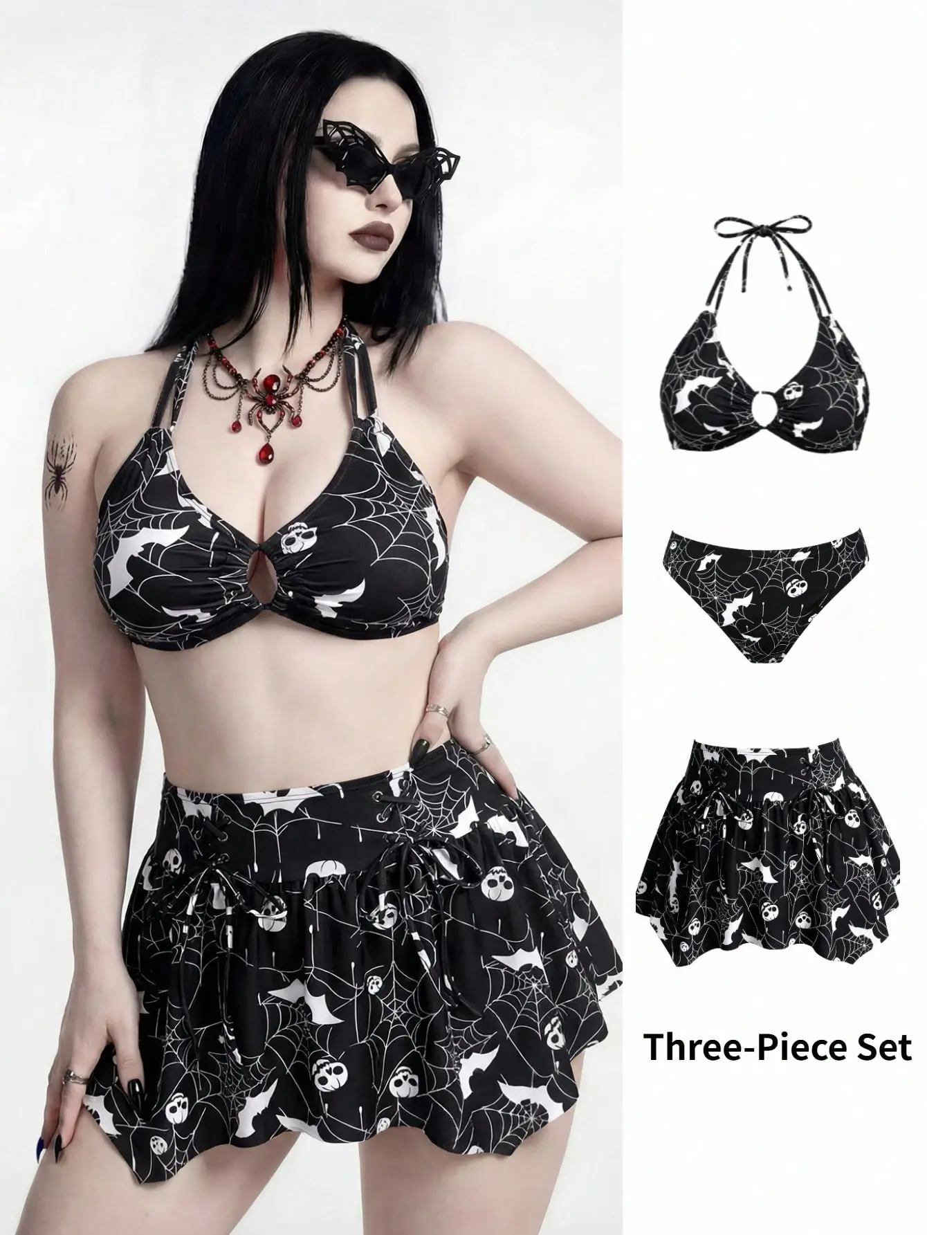 LALUZ New Punk Goth Dark Gothic Halloween Spider Web Print 3 Piece Bikini Set Halter Swimwear Skirt Plus Size Black And White Summer Beach Party