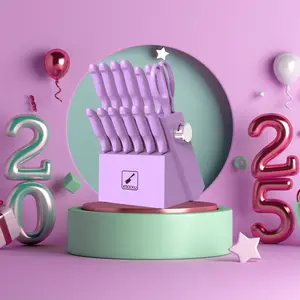 imarku purple 14 PCS Knife Set with Block, Sharp Knife Set with Built-in Sharpener, Japanese Stainless Steel Kitchen Knife Set, Best Gift