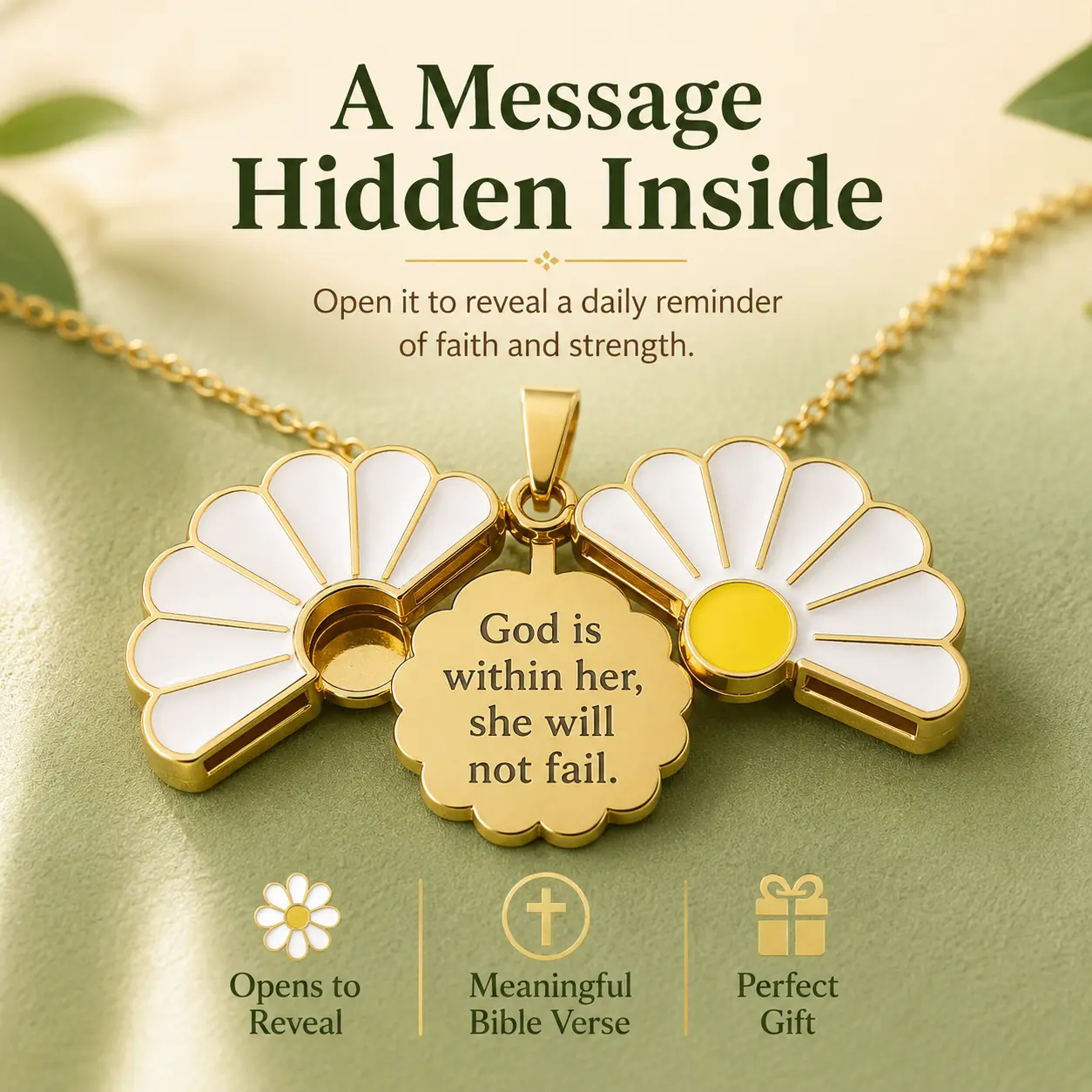 Women's USF Stainless Steel Hinged Daisy Pendant Necklace - Engraved Message Inspirational Faith Jewelry, Exquisite Floral Accessory, Loving Gift for Her for Birthdays, Christmas Love