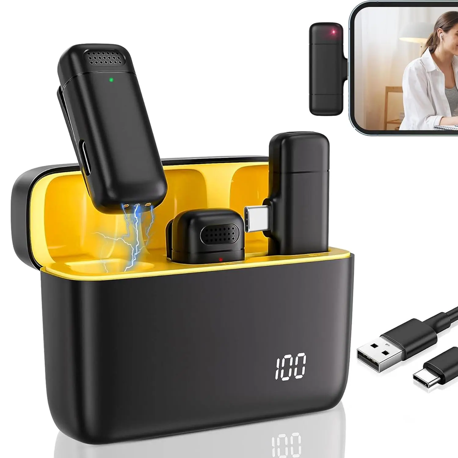Wireless Lavalier Microphone, USB Rechargeable Wireless Microphone with Charging Case, Portable Rechargeable Mic, Noise Reduction Microphone for Video Recording, Podcast, Vlog Live Broadcast, Audio, Live Podcast Equipment, Live Broadcasting Equipment