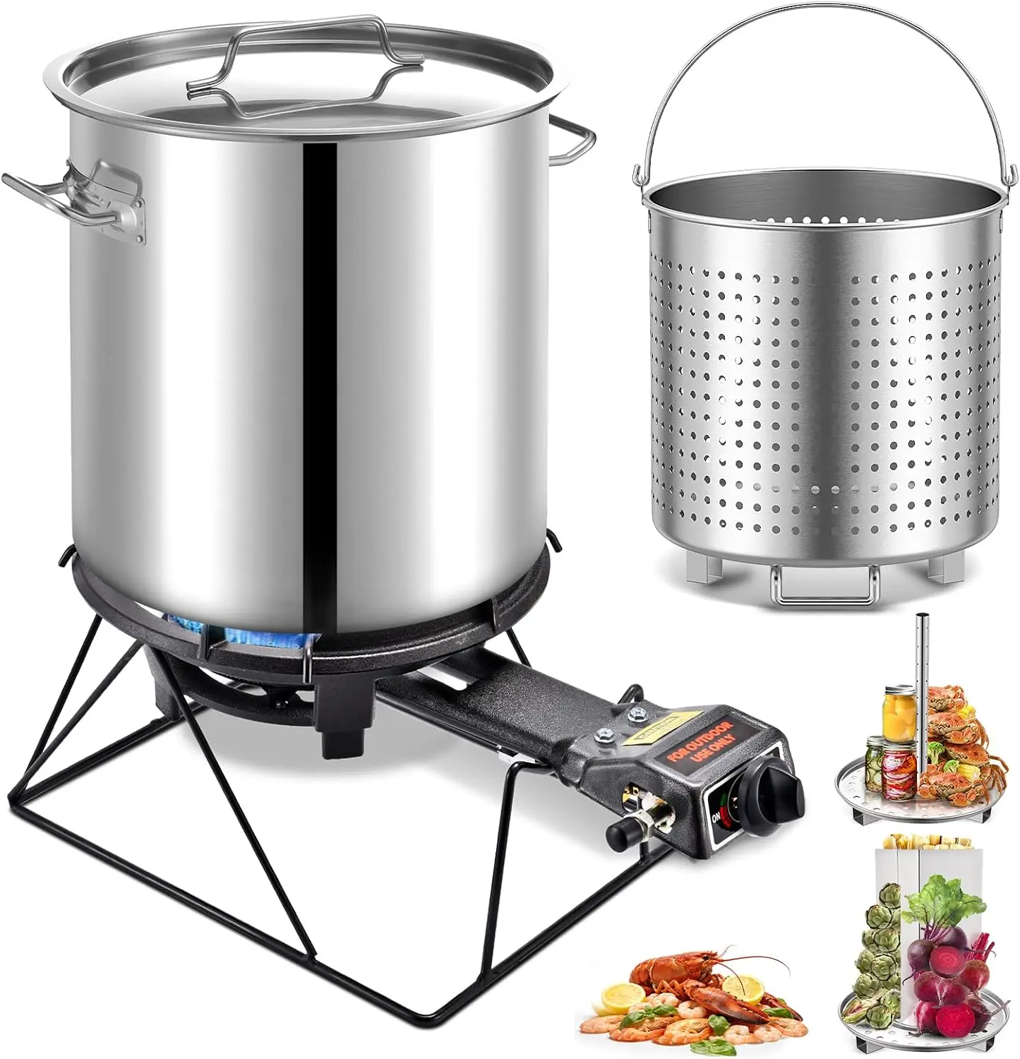 ARC 40/52/64QT Seafood Boiling Kit, 30,000BTU Propane Burner And Stainless Steel Crawfish Boil Pot w/Basket and Steamer Rack, For Outdoors Cooking and Steaming, Large Turkey Fryer Pot, Lobster Shrimp Pot