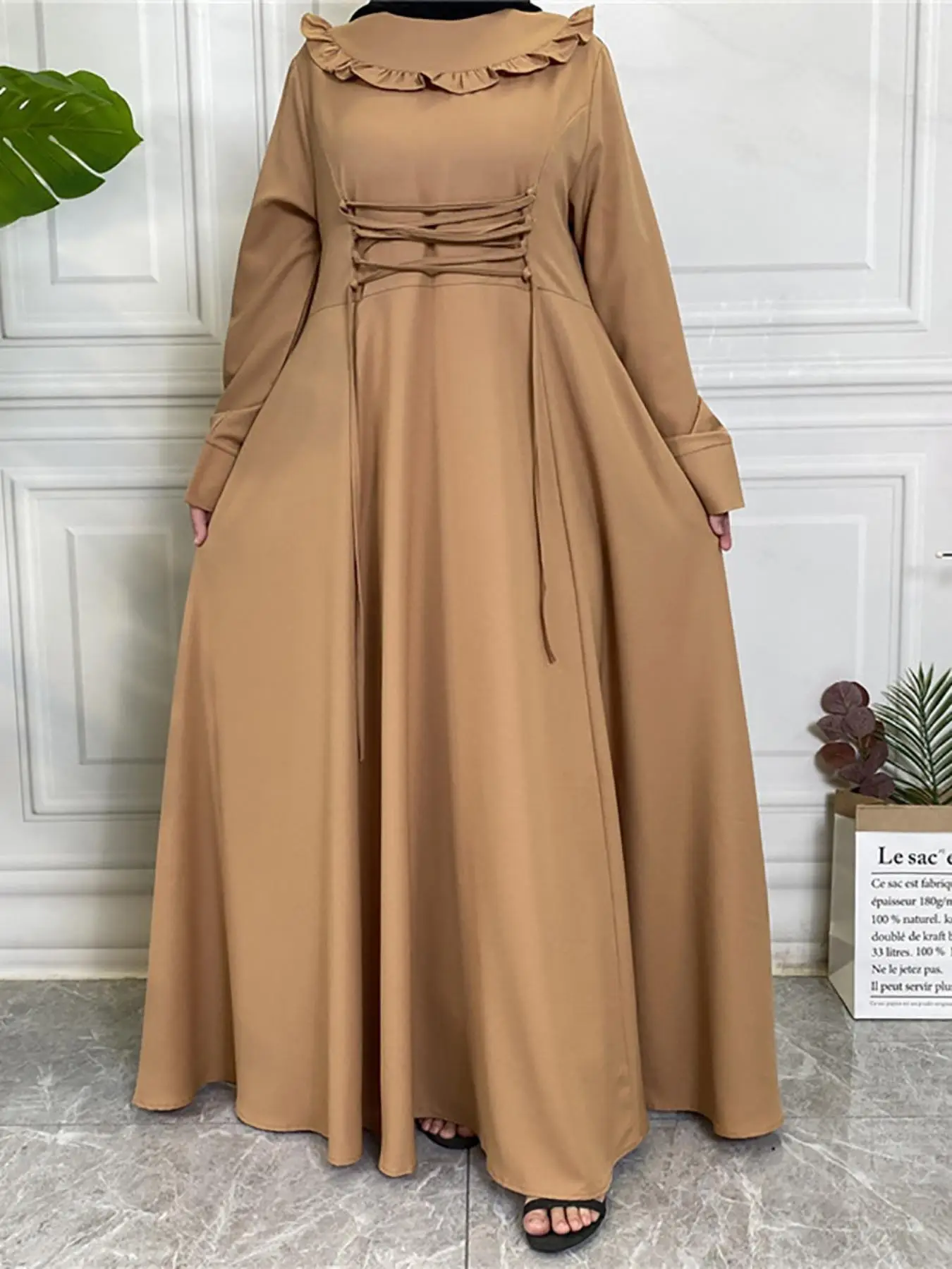 Women's Plain Lace Up Ruffle Hem Plicated Dress, Elegant Long Sleeve A Line Dress for Party Holiday Wedding Guest, Ladies Spring & Fall Clothes