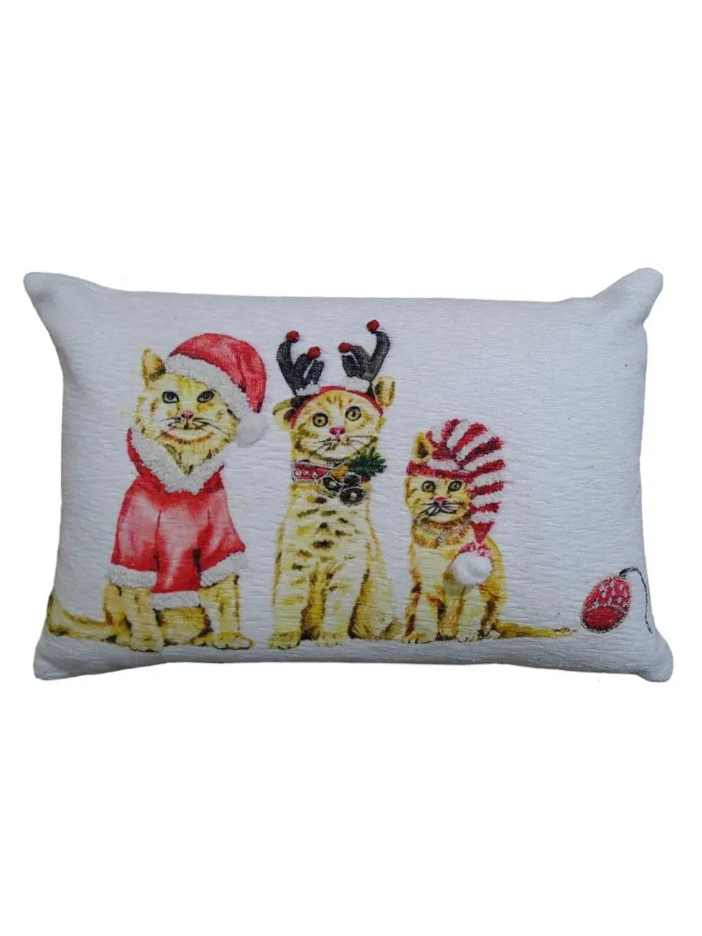 HomeRoots 482275 14x20 in Rectangular Lumbar Christmas Throw Pillow - Cotton Blend, Zippered, White & Red, Cat-Themed, Decorative Front, Solid Backside, Festive Home Decor, 14 X 20 In