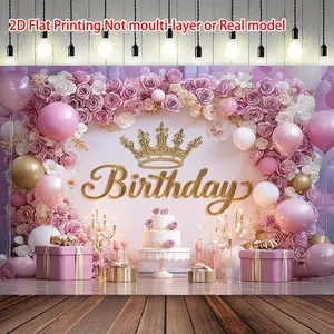 1PC,2D Flat Pink Rose Balloon Themed Birthday Backdrop, Crown Cake Gift Party Decor Curtain, Photo Prop for Kids & Adults' Birthday, Hot - selling Cross - border Background Wall Hanging Cloth