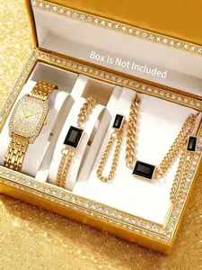 Shimmering Watch Set with Chain Bracelet & Necklace, Elegant Fashion Accessories, Unique Design, Perfect for Holidays