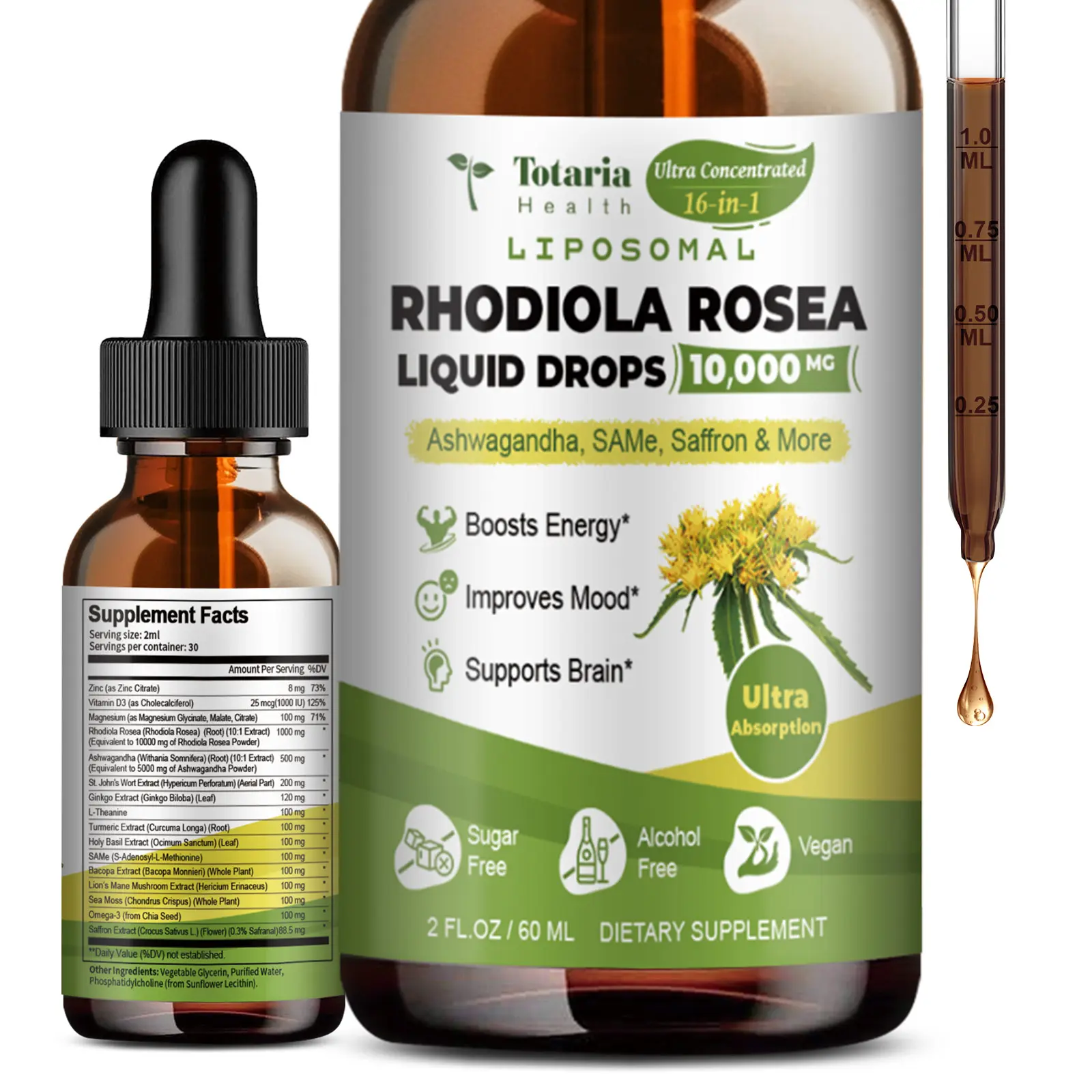 Totaria 16 in 1 Liposomal Rhodiola Rosea Tincture - Ashwagandha, L-Theanine, Saffron, and Ultra Strength Rhodiola Cortisol Supplement - Healthcare, Edible