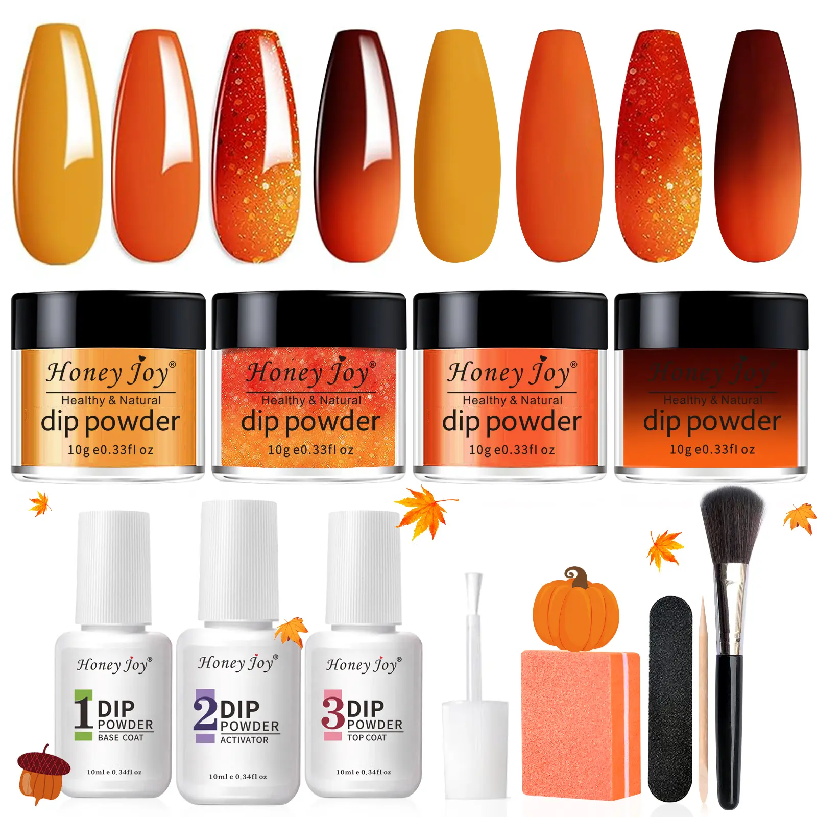 Honey Joy Dip Powder Nail Kit: 4 Vibrant Color Change Orange Shades with Base & Top Coat, Perfect for Fresh Spring Manicure DIY Polish Cutics Cosmetic