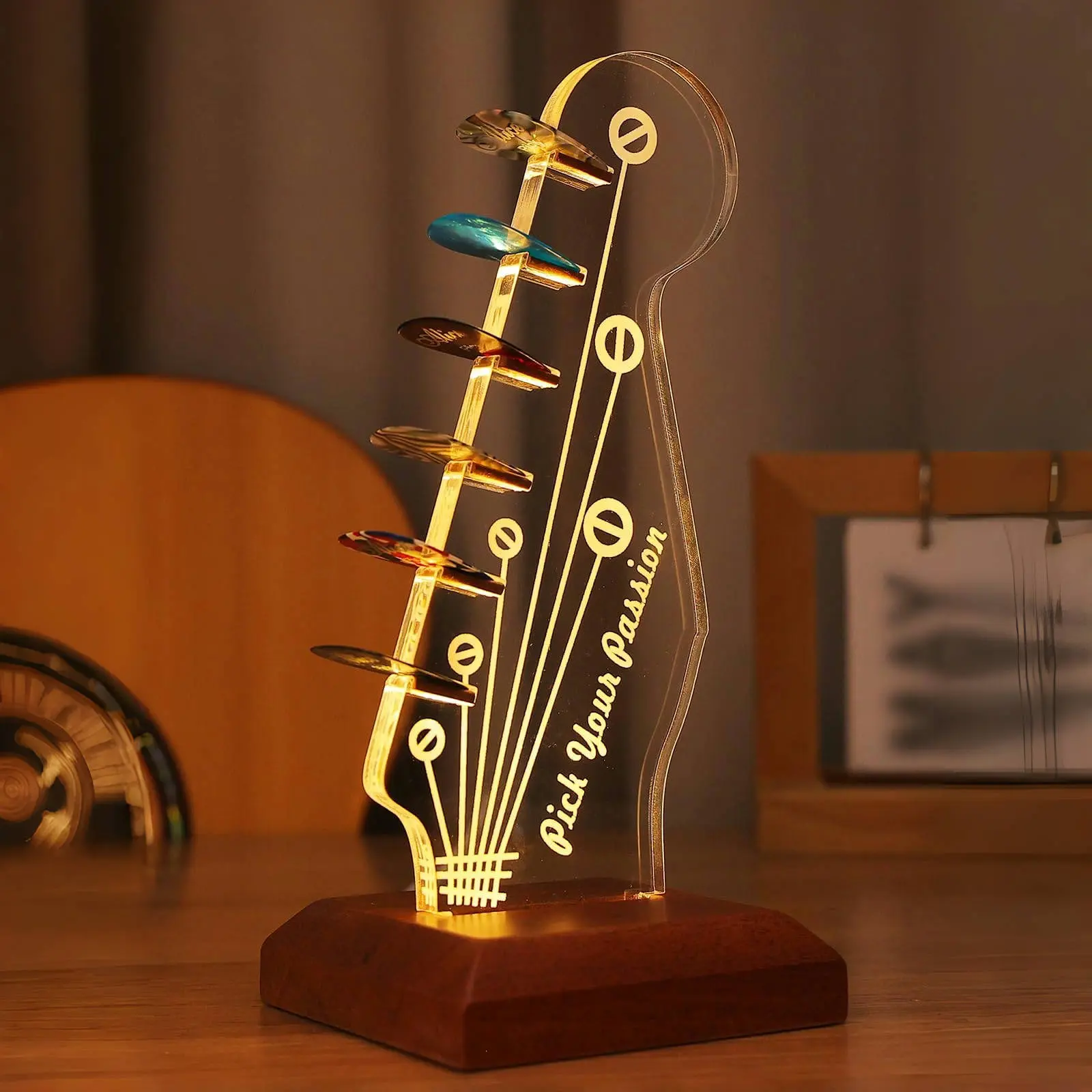 Luminous Guitar Pick Stand Acrylic Electric Guitar Headstock Shaped Pick Stand with Wooden Base for Pick Storage and Display is a Guitar Accessory Gift for Guitarists and Guitarists acrylic night light,Christmas Gift New Year Gift