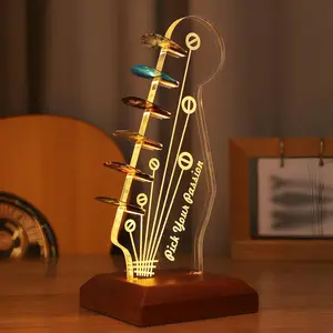 Pookie-Luminous Guitar Pick Stand Acrylic Electric Guitar Headstock Shaped Pick Stand with Wooden Base for Pick Storage and Display is a Guitar Accessory Gift for Guitarists and Guitarists acrylic night light,Christmas Gift New Year Gift