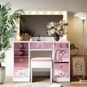 [Bellemave]Makeup Vanity with 15 Hollywood Bulbs, 3Color Lighting Modes Adjustable Brightness, Dressing Table with Visual Glass Top and 11 Pink Finish Drawers, Vanity Desk Set with Cushioned Stool, Pink