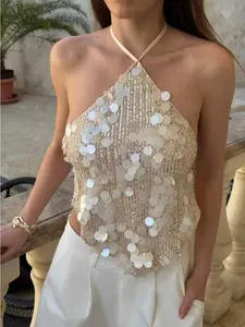 Women's Fashionable Chic Sexy Backless Halter Slim Fit Top with Sequins, Ideal for Beach Vacation, Evening and Party Wear, Trendy Summer Fashion