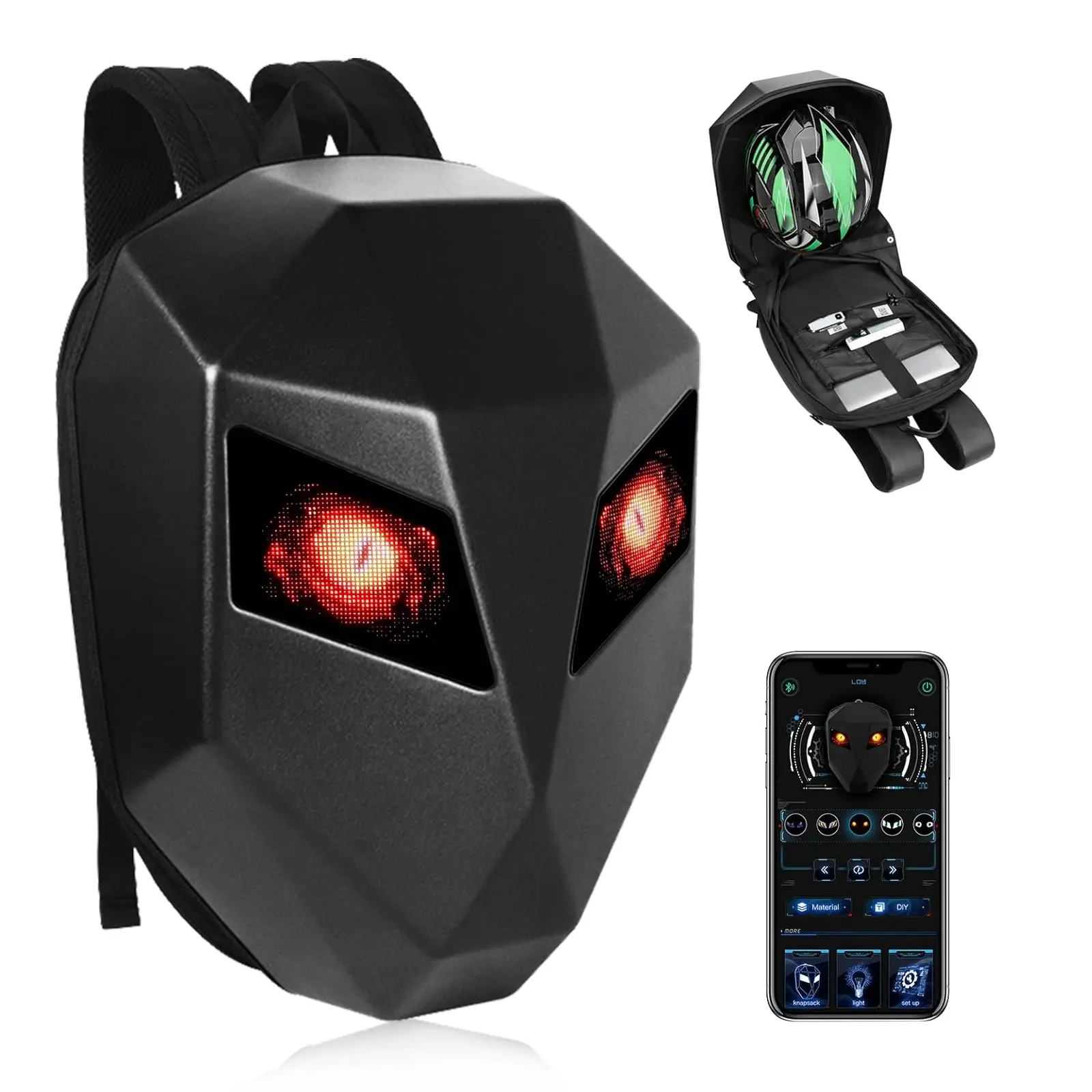 Cool Motorcycle Backpack, Multi Function Backpack, LED Programmable Knight Backpack, Hard Shell Laptop Bag, Motorcycle Riding Backpack Helmet Bag, Black, Multi Functional Backpack