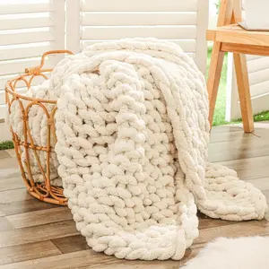 Chunky Knit Throw Blanket for Couch 40x60 inches 100% Hand Knitted with Thick Jumbo Chenille Yarn Cozy Soft Large Rope Knot Cable Crochet Blanket for Sofa Bed Living Room Beige