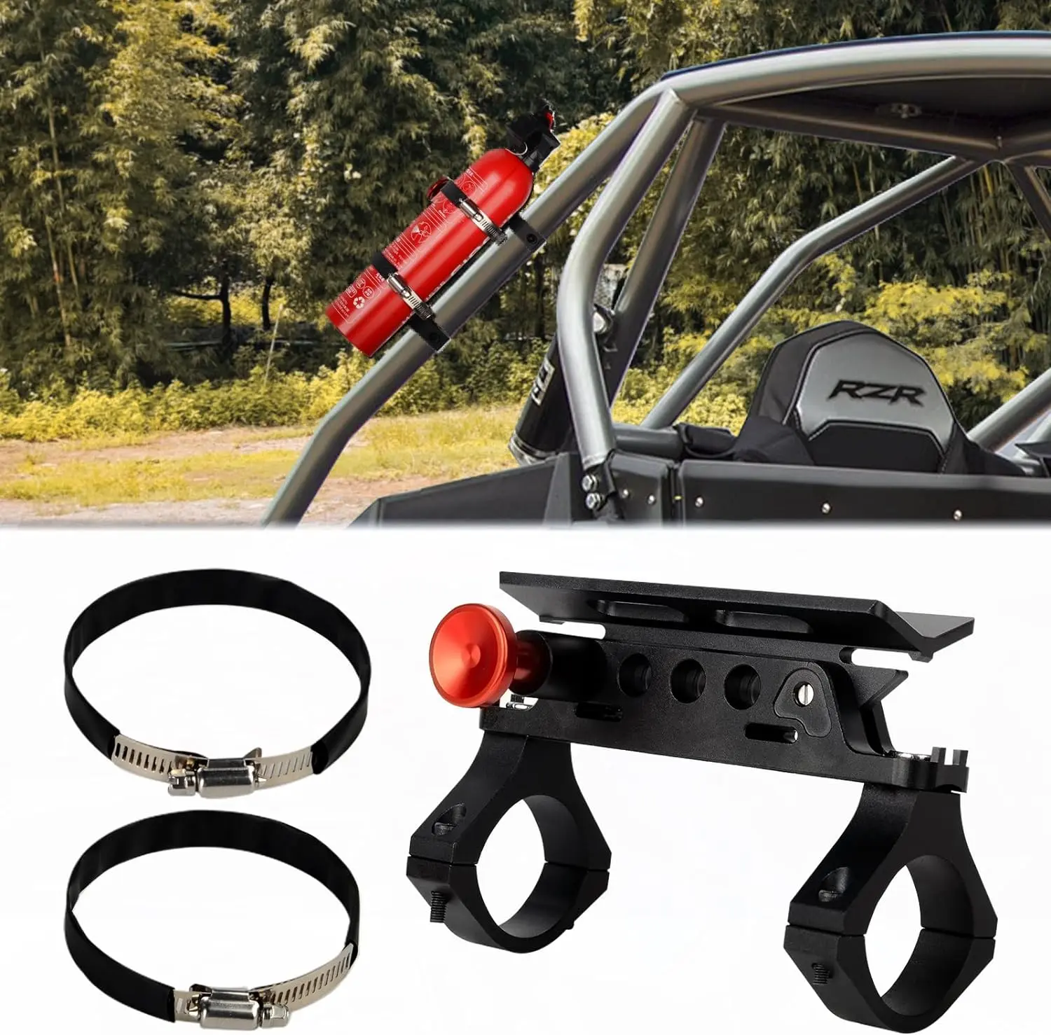 1x Aluminum UTV Fire Extinguisher Holder with 2x Mounting Bracket - Quick Release, Adjustable, 1-Hand Install, Firm Hold, Rust-Resistant, for 1.75"-2" Roll Bars, Compatible with Polaris RZR/Ranger, Can-Am Maverick, Kymco ATV, RV Rear Racks, Kawasaki