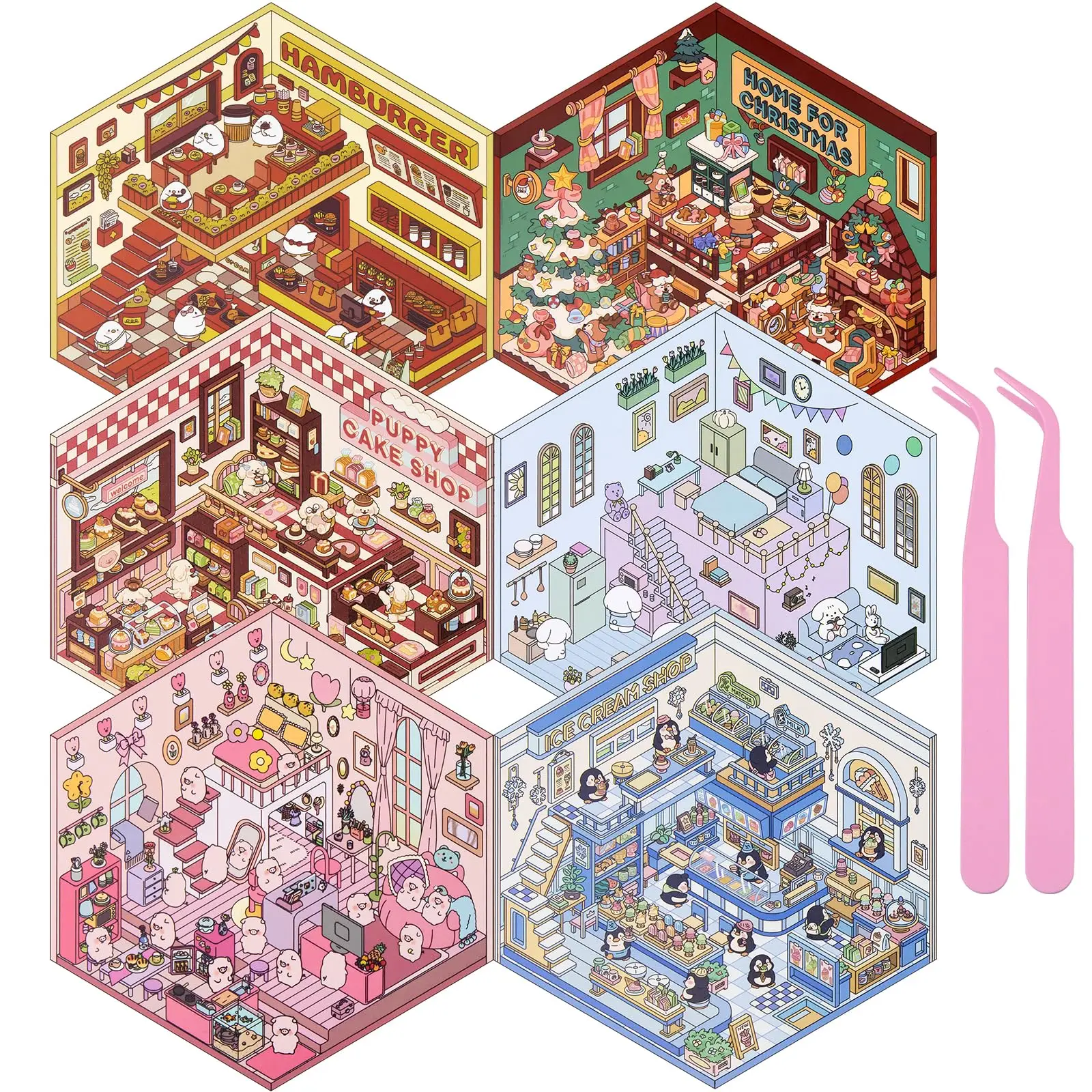 DIY 3D Sticker Scenes 6 Sets for Adults Kids, Make Your Own Mini Home/Store Scenes Stickers Animal Themes for Girls, Relieve Stress Pass The Time Craf