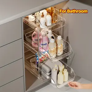 1PC 2 Tier Transparent Plastic Pull Out Bathroom Shelf Metal Pipe Under Sink Storage Organizer for Shampoo Lotion Soap in Bathroom Cabinet Countertop Bathroom Accessory