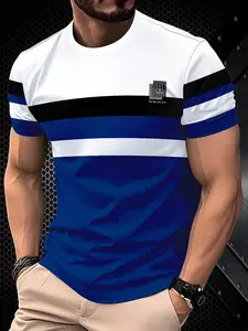 Men's Short Sleeve 3D Fashion T-Shirt, Striped Breathable Knit Fabric, Casual Slim-Fitting Streetwear Top, All Seasons Wear