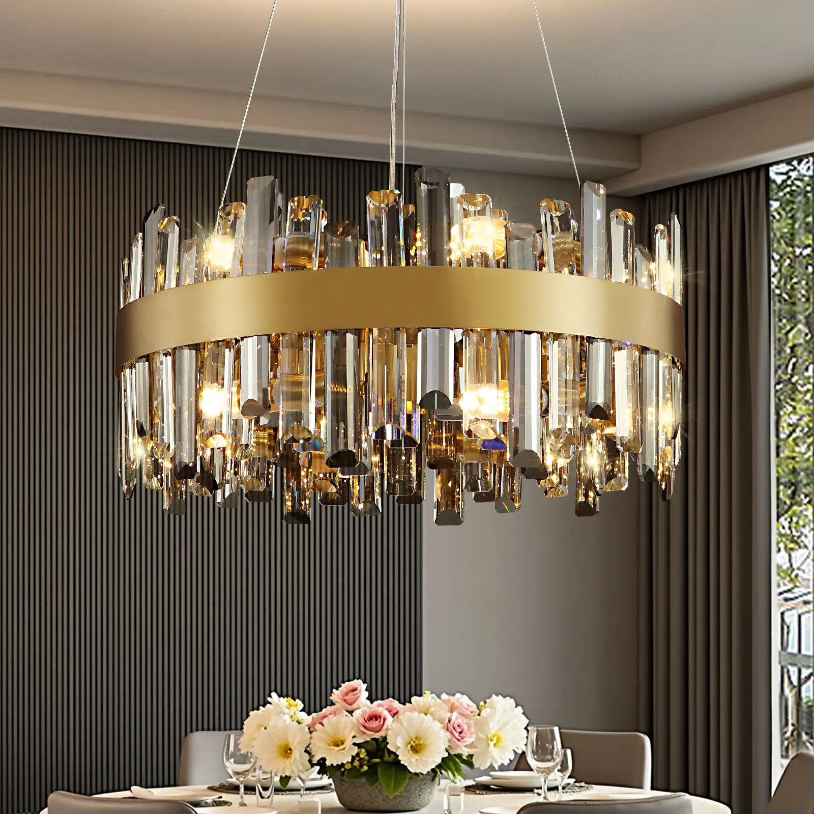 Modern Luxury Gold Crystal Chandelier, Available in 19.7", 23.6" & 31.5", Elegant Ceiling Light Fixture for Living Room, Dining Room, Bedroom & Foyer