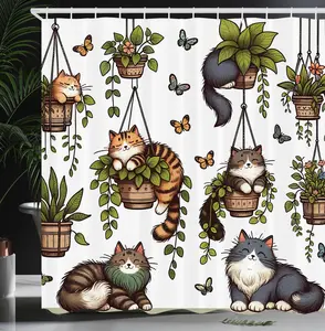 Cat & Plants Pattern Shower Curtain - 70*69 inches, Cute Cartoon Animal Pattern Bathroom Curtain with 12pcs Hooks, Bathroom Decoration Accessories