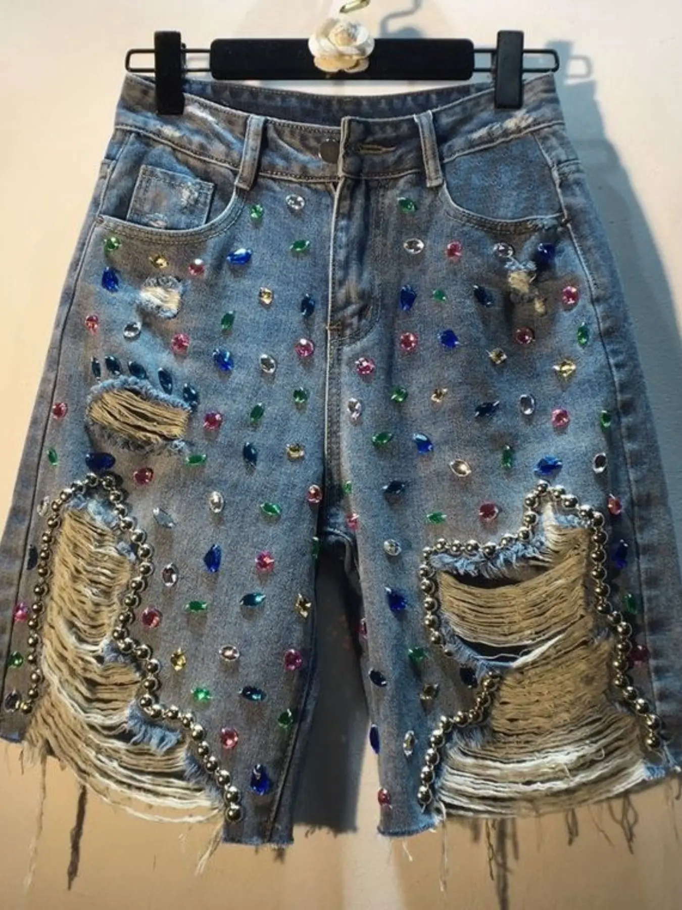 Women's Rhinestone Distressed Denim Jean Shorts, Mid Waist Button Fly, Fitted Short Pants, Sexy Y2K Trend Style, Party Wear, All Seasons, Bottom